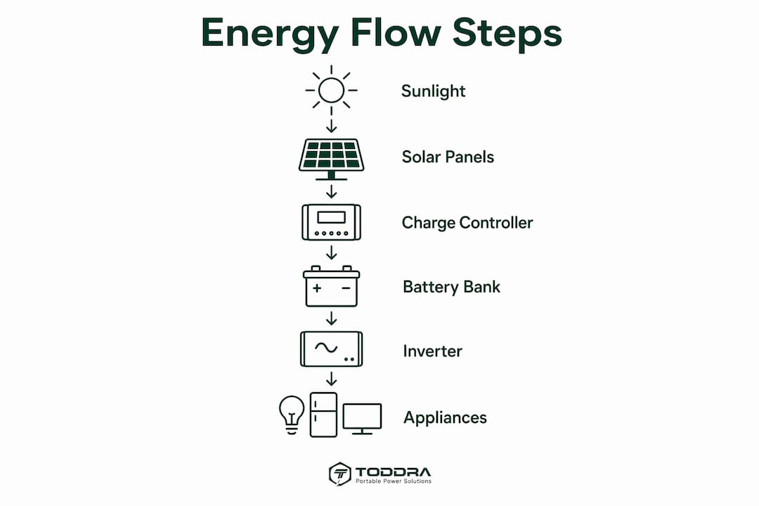 Infographic illustrating RV solar energy flow steps