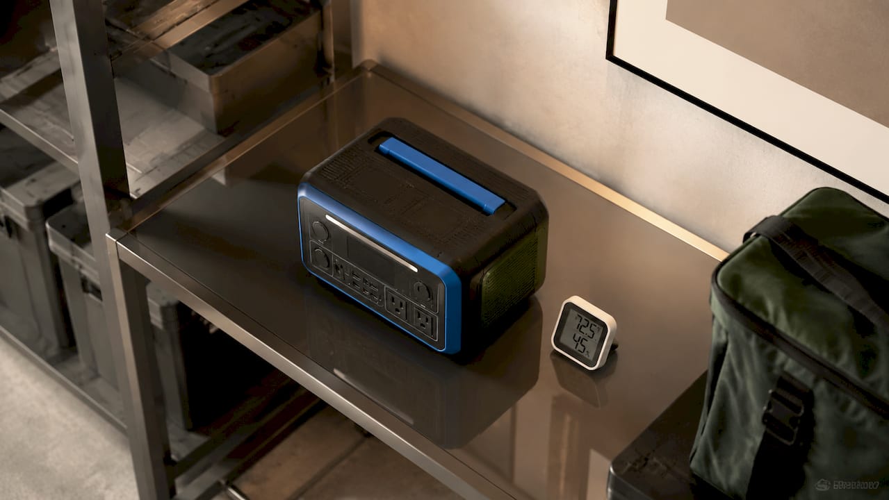 Portable power station with thermometer in controlled storage