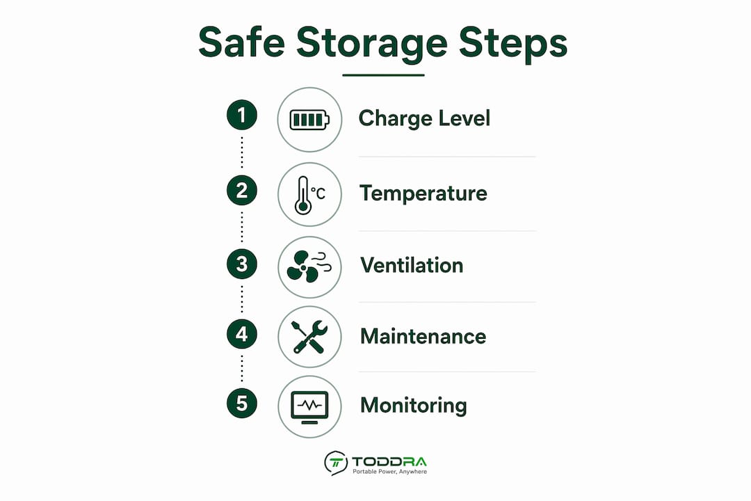 Infographic illustrating safe portable power station storage steps