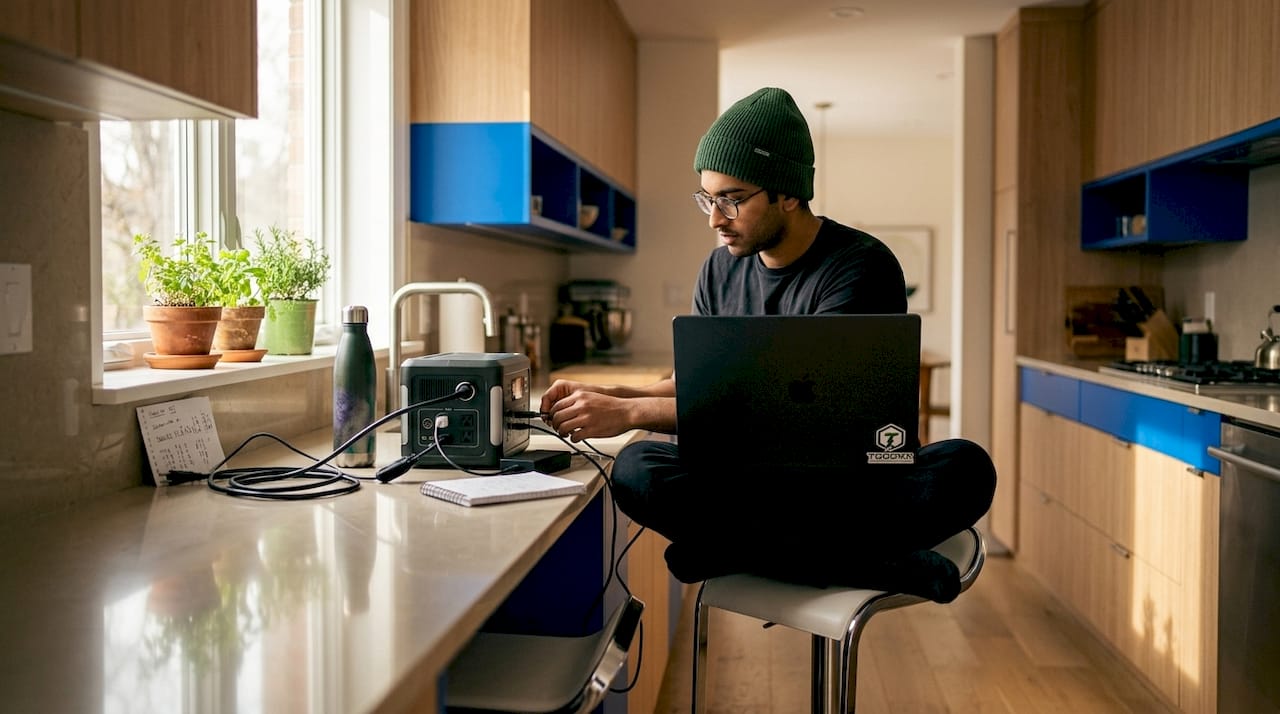 Man charging laptop via portable power station in camper