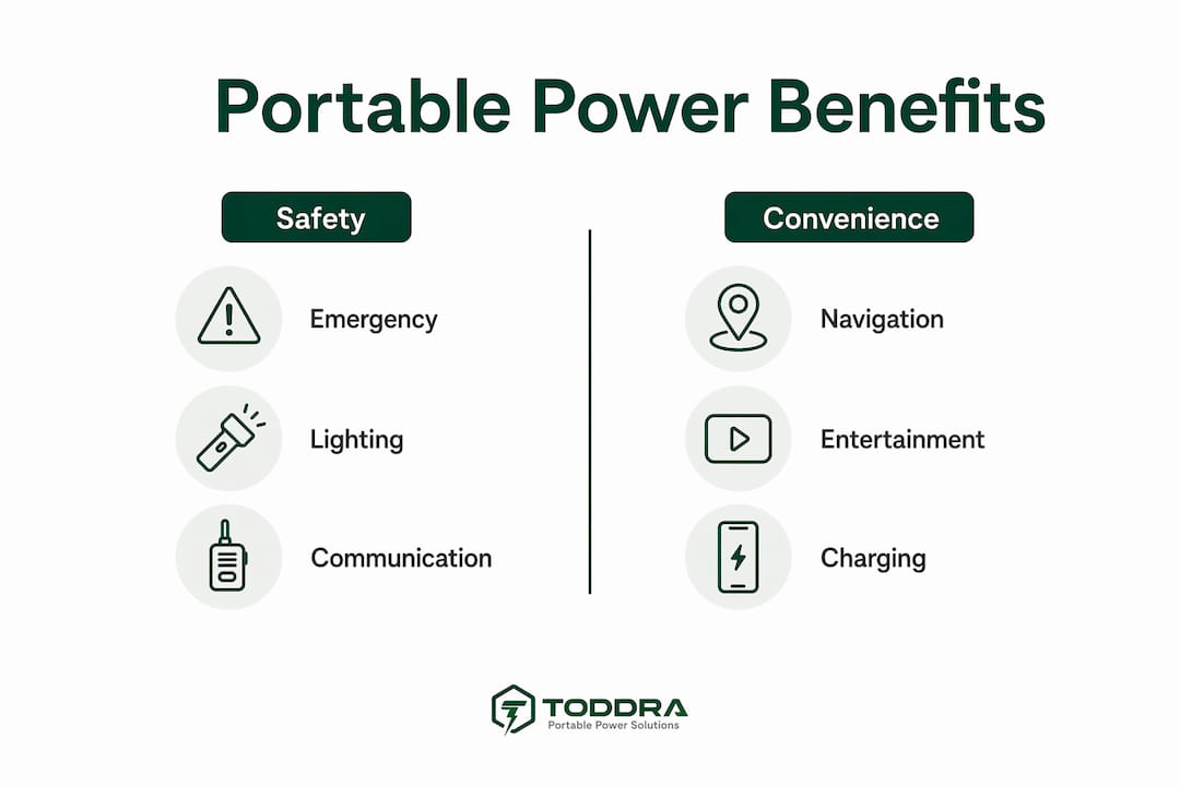 Infographic contrasting portable power safety and convenience benefits