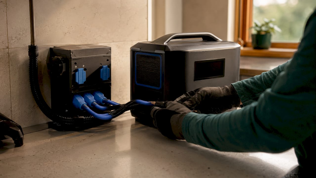Close-up of hands connecting backup power equipment