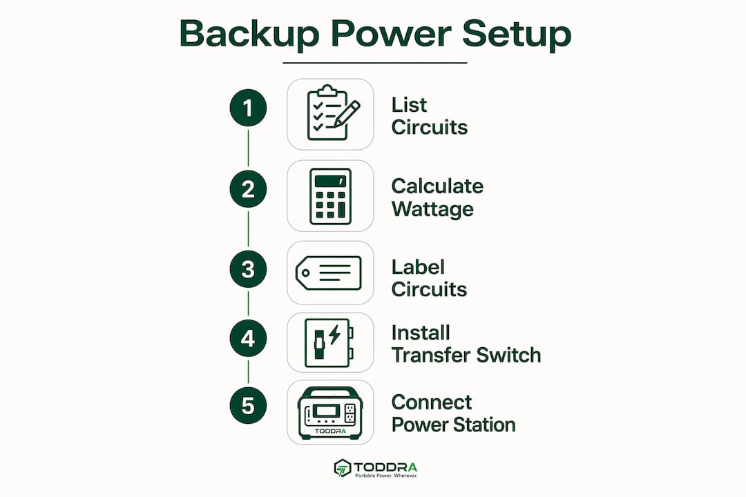 Infographic illustrating steps for backup power setup