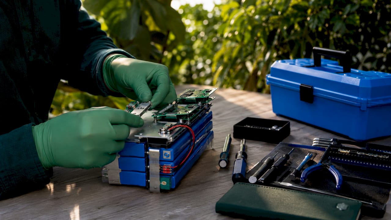 Hands inspecting LiFePO4 battery cell components