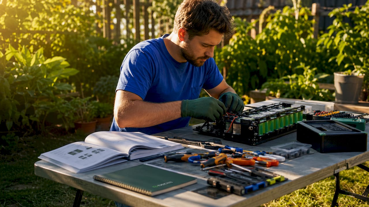 Technician assembling LiFePO4 battery pack