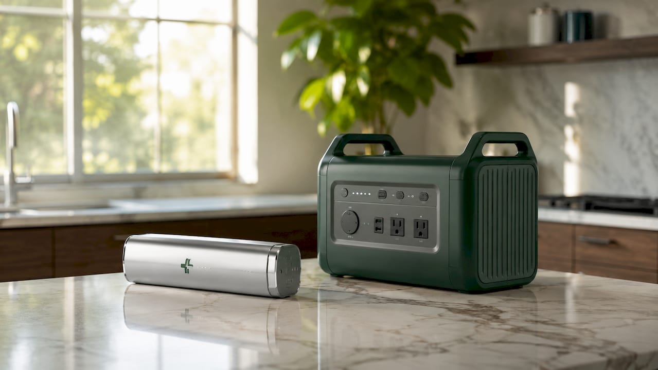 Power bank and portable power station on desk
