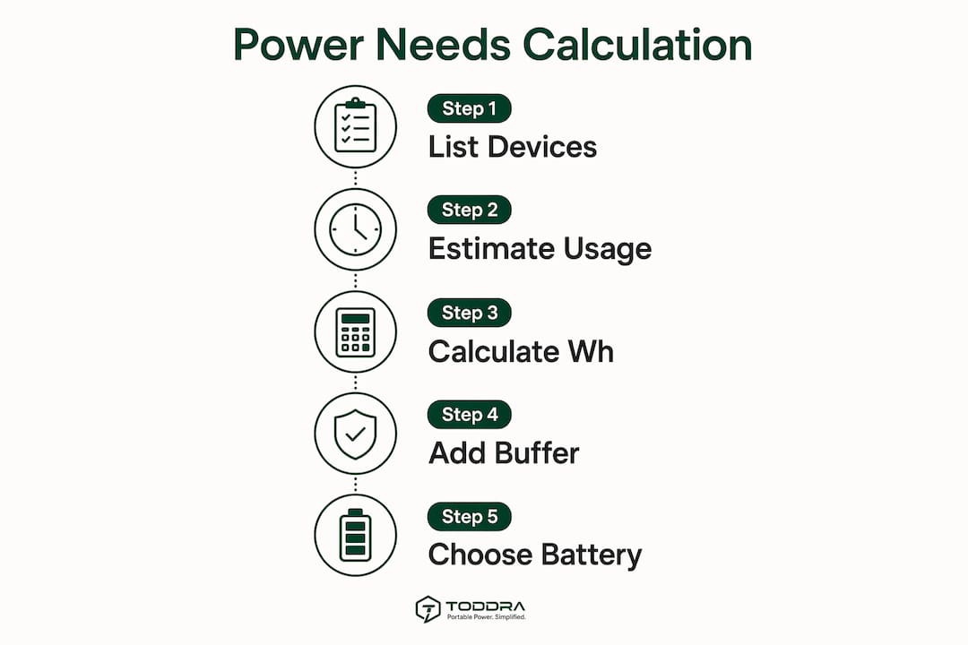 Infographic depicting steps to calculate portable power needs for nomads