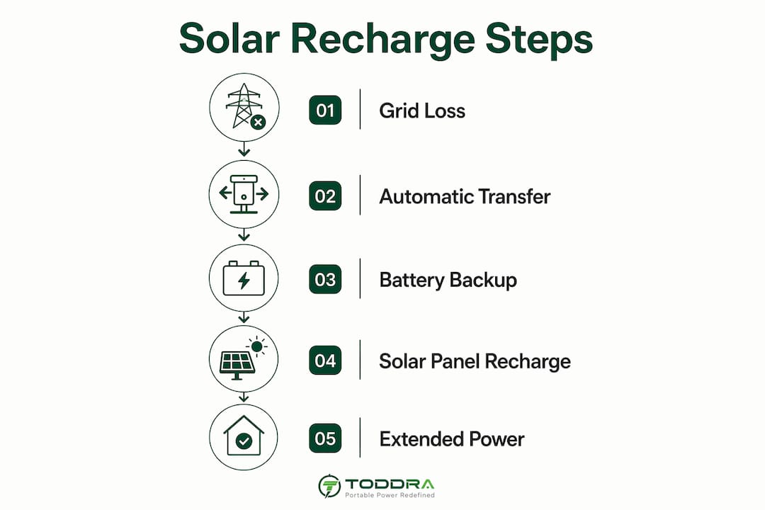 Infographic illustrating solar recharge process during outages