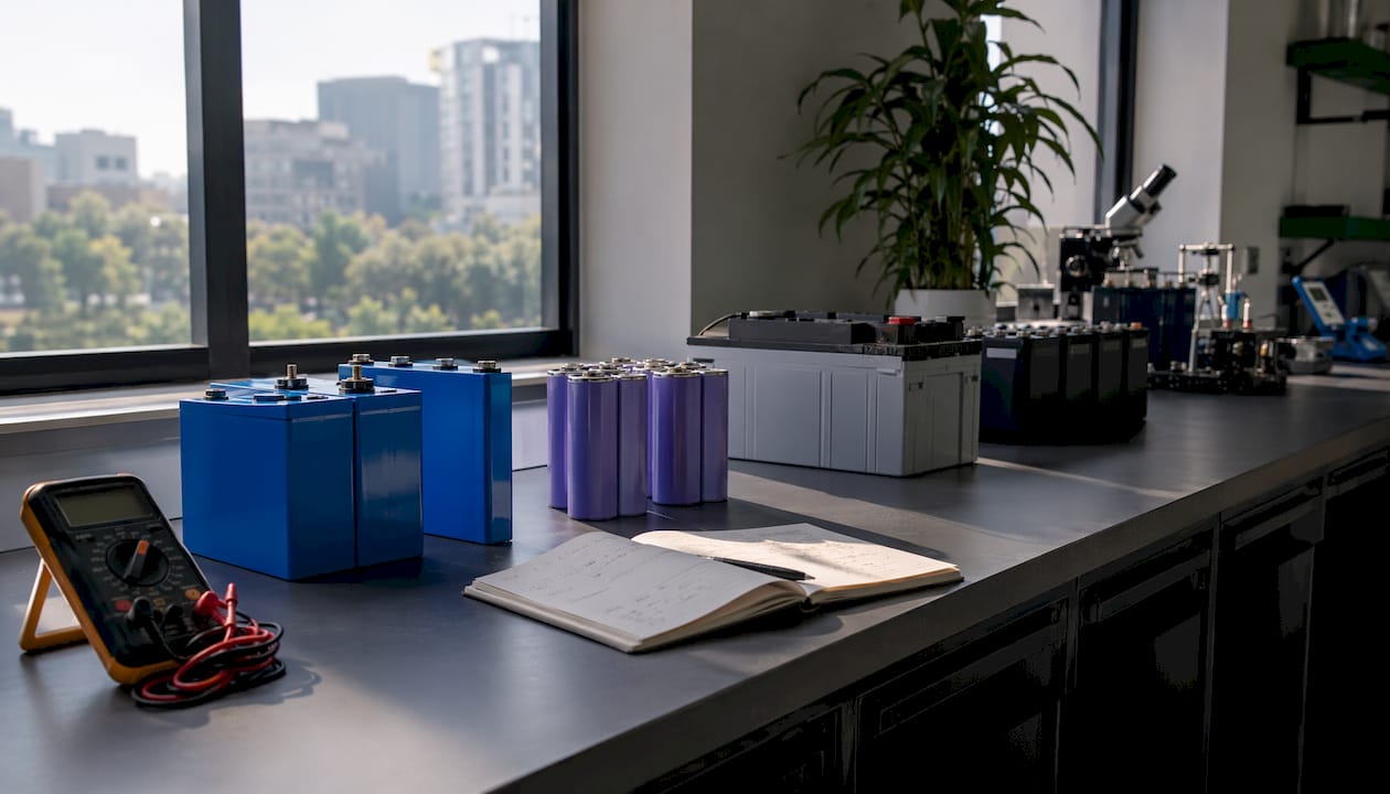 Close-up of different battery types on lab workbench