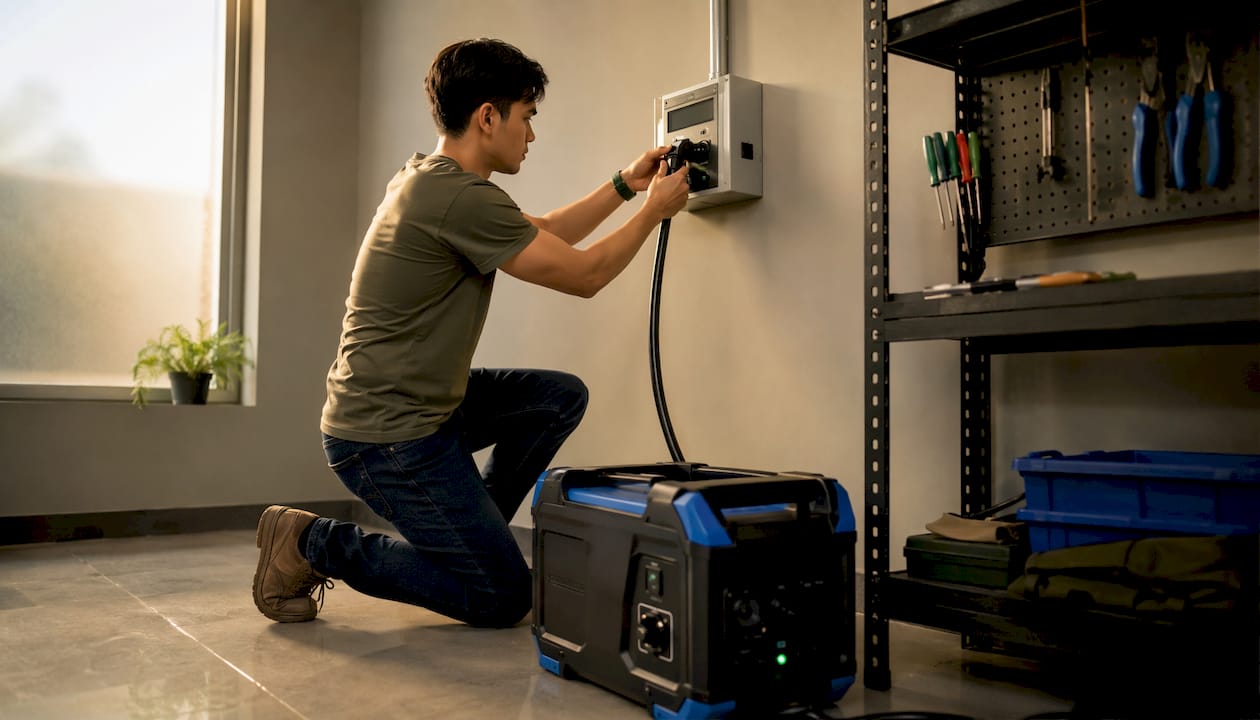 Hands connecting solar generator to transfer switch