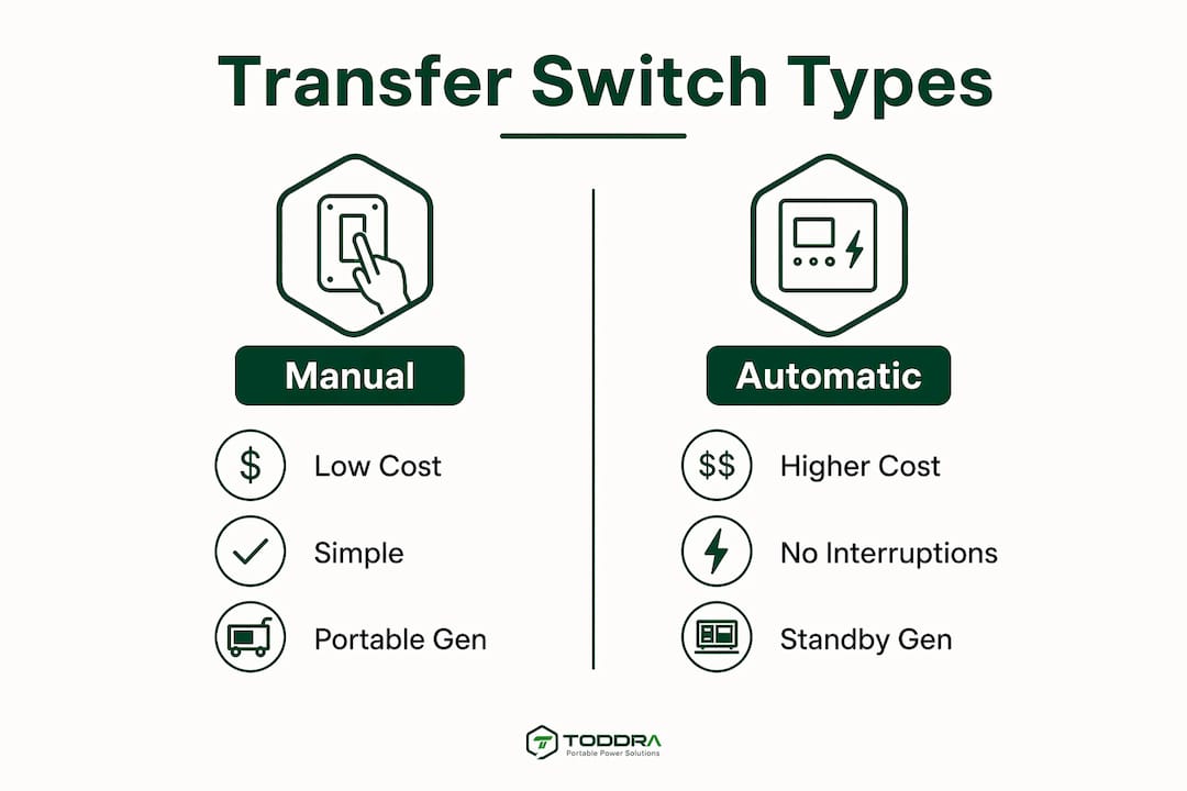 Infographic comparing manual and automatic transfer switches