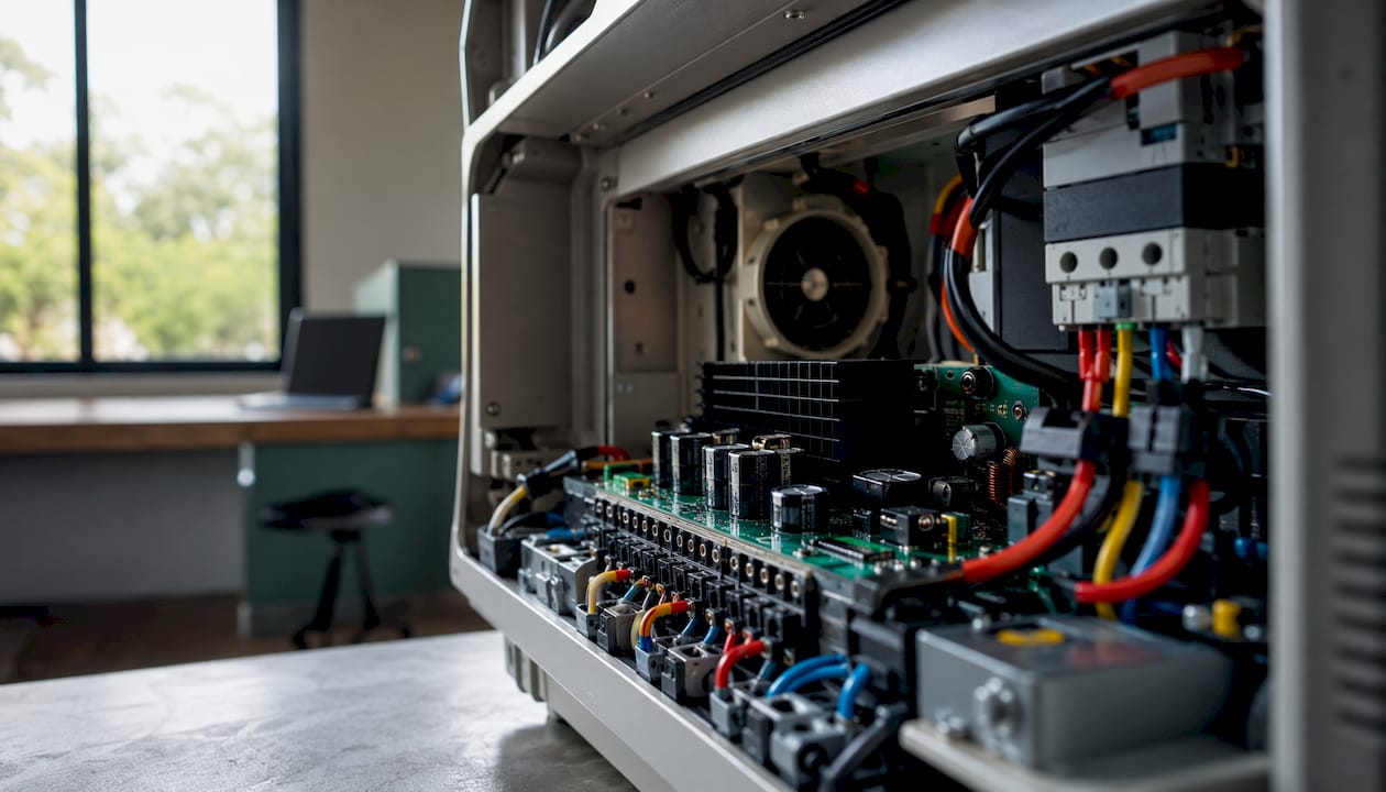 Close-up view of MPPT DC-DC converter inside electrical box