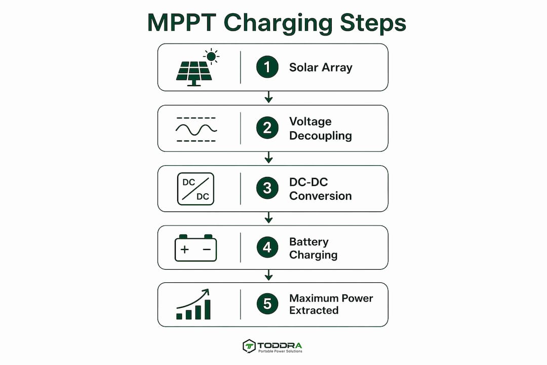 Infographic illustrating five key steps of MPPT solar charging process