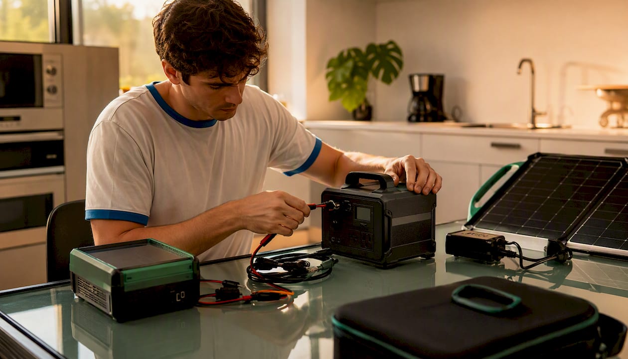 Hands unpacking solar generator kit indoors