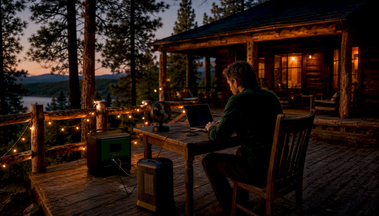 Remote cabin lit by solar generator-powered lights
