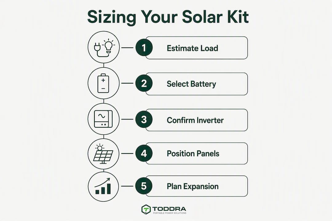 Infographic showing steps to size solar generator kits