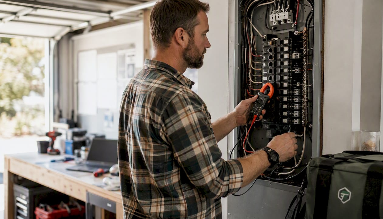 Hands measuring running watts on electrical panel