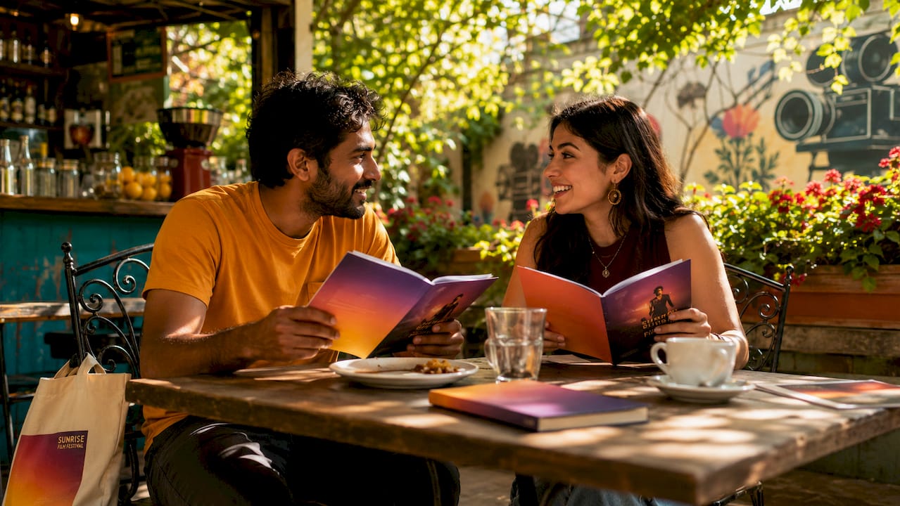 Diverse pair discussing films in cinema lobby