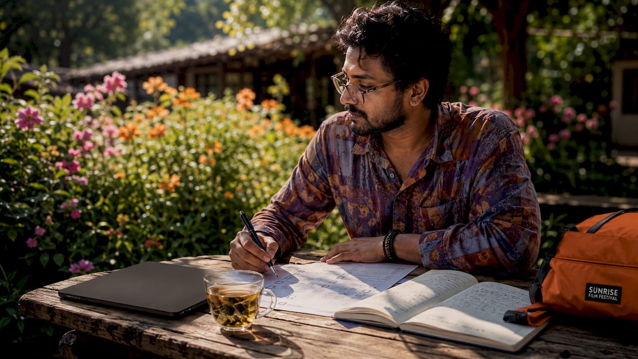 Filmmaker planning festival submissions at café