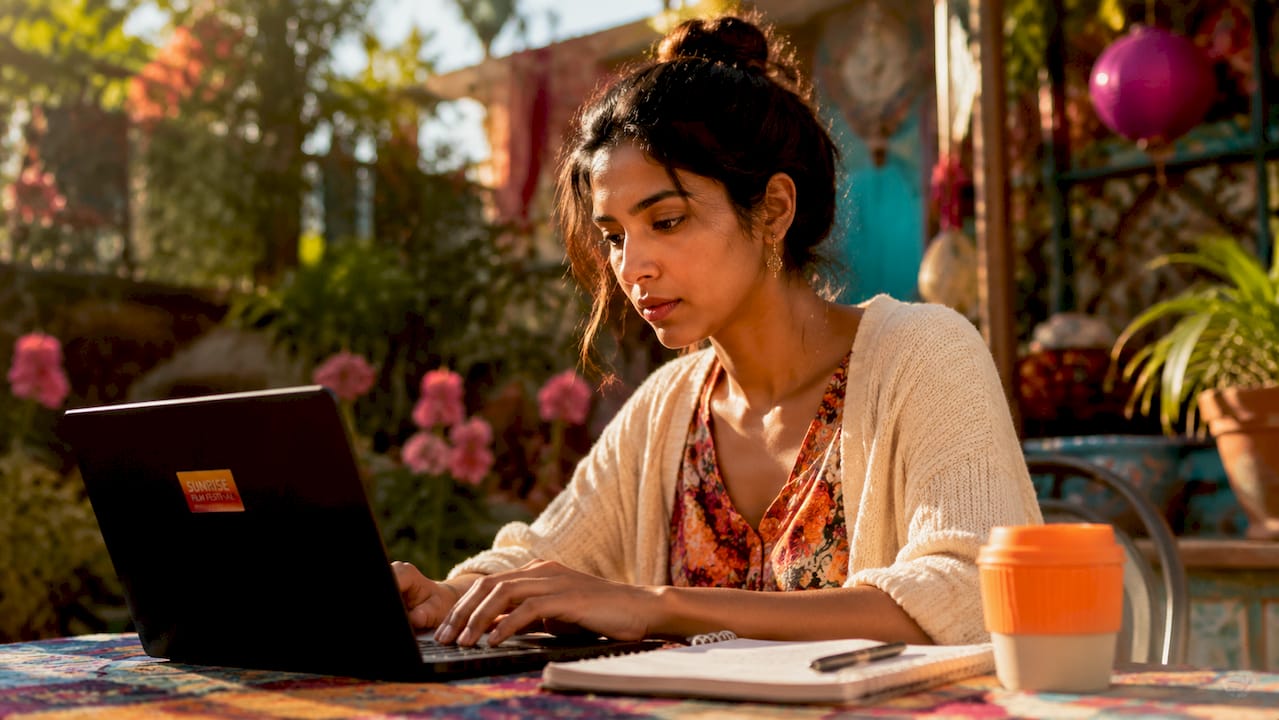 Filmmaker submitting film on laptop in café