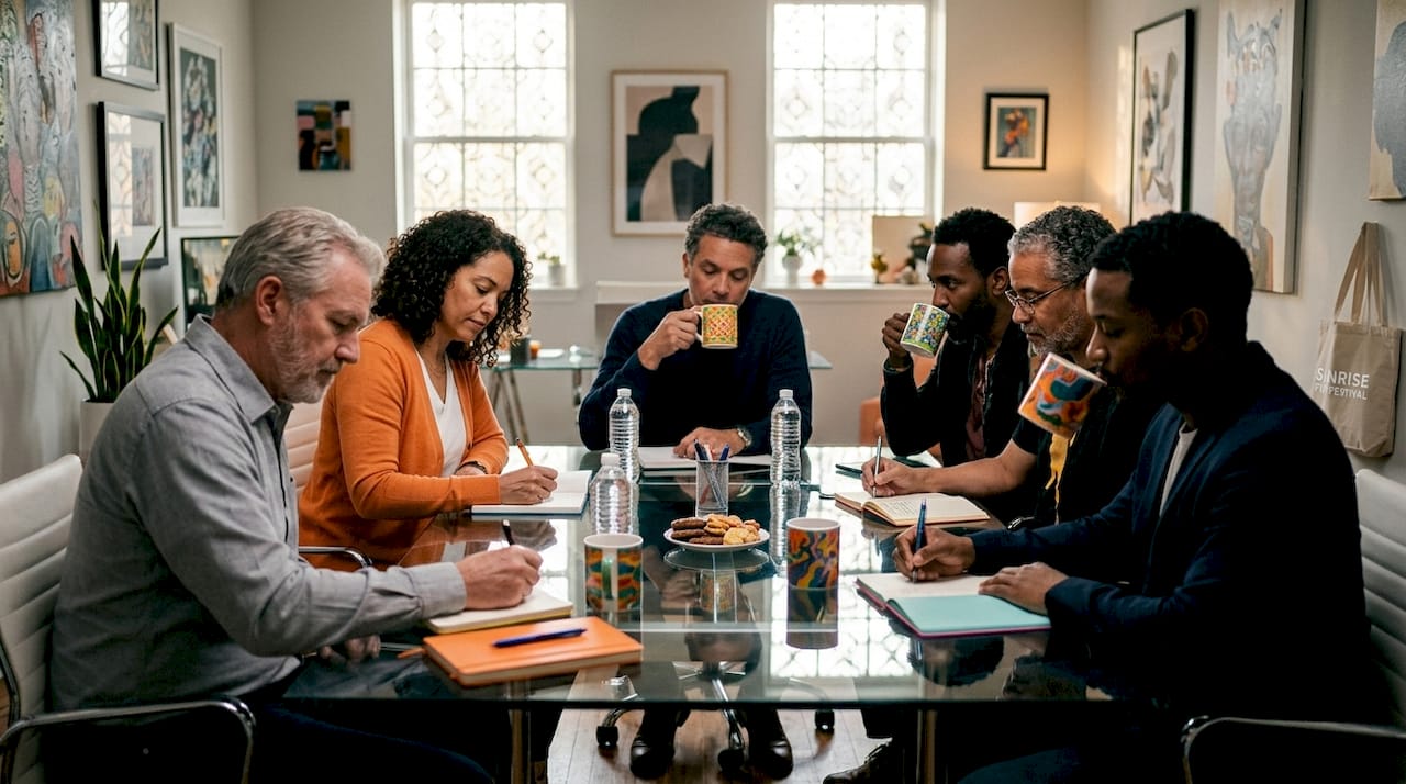 Film festival jury discussing awards around table