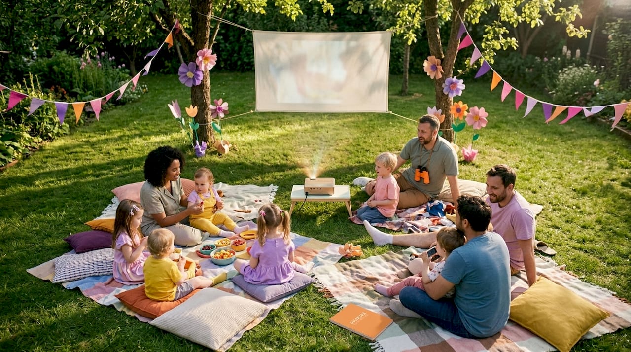 Family film screening with toddlers in playroom