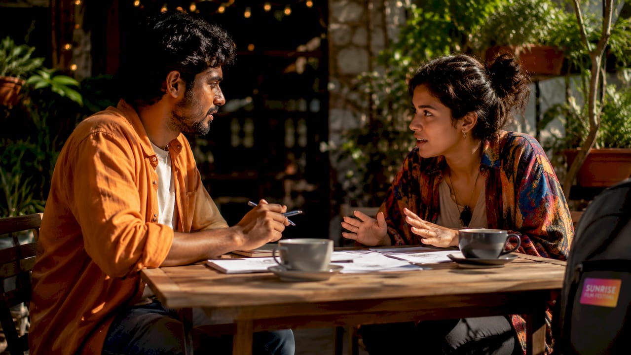 Diverse filmmakers discussing funding over coffee