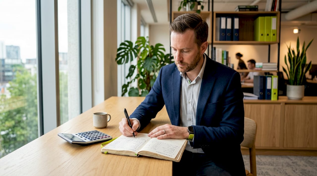 Een paar handen die als freelancer bonnetjes en uitgaven netjes in een kasboek verwerken.