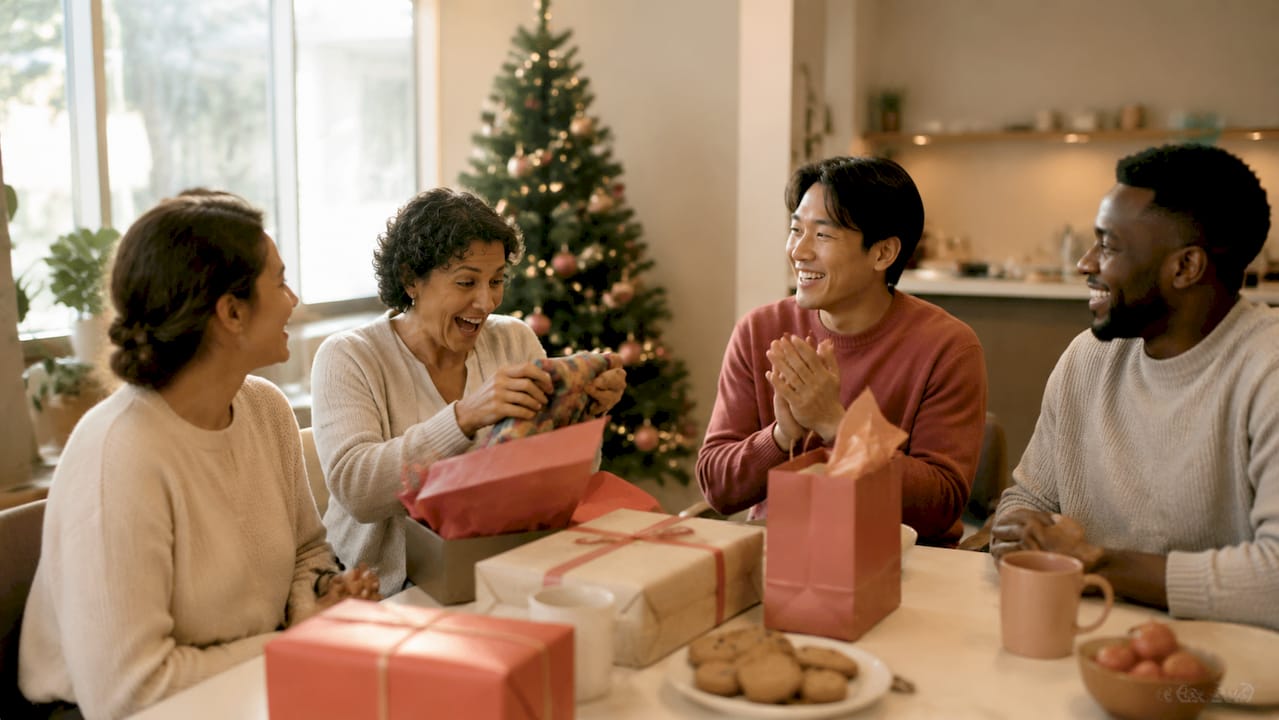 Office Secret Santa gift exchange moment