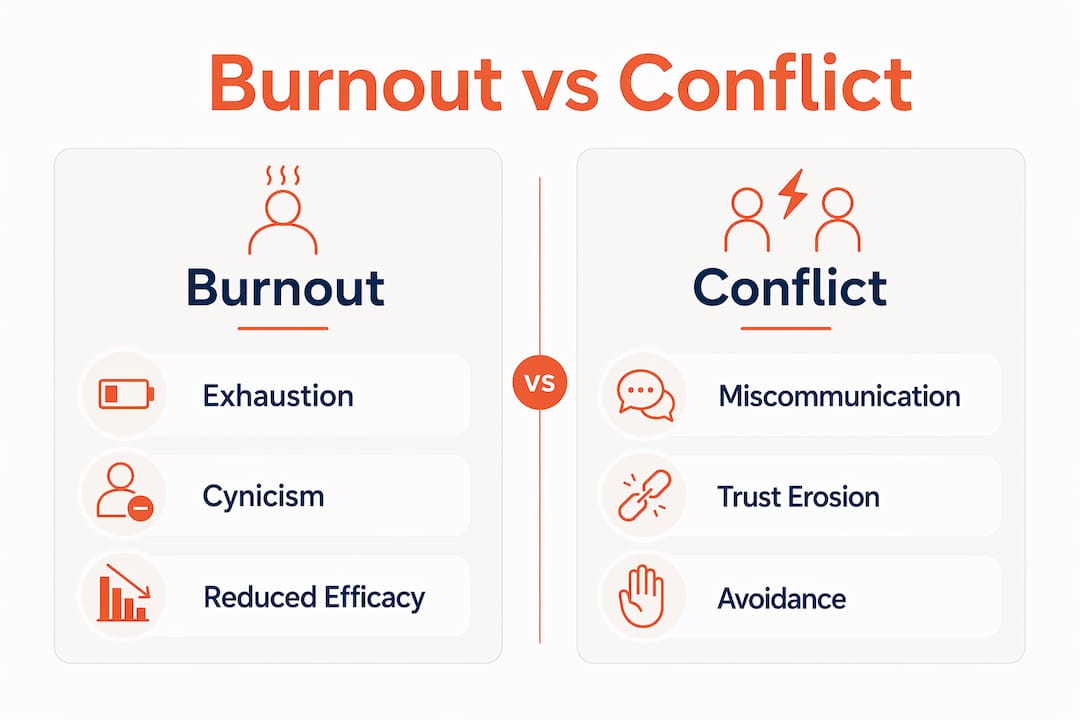 Infographic comparing team burnout and conflict