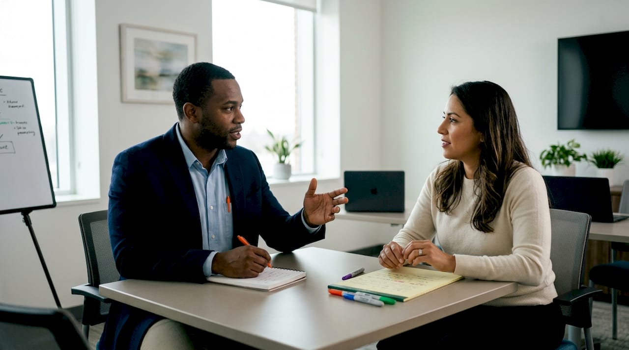 HR mediator and representative discussing dispute resolution