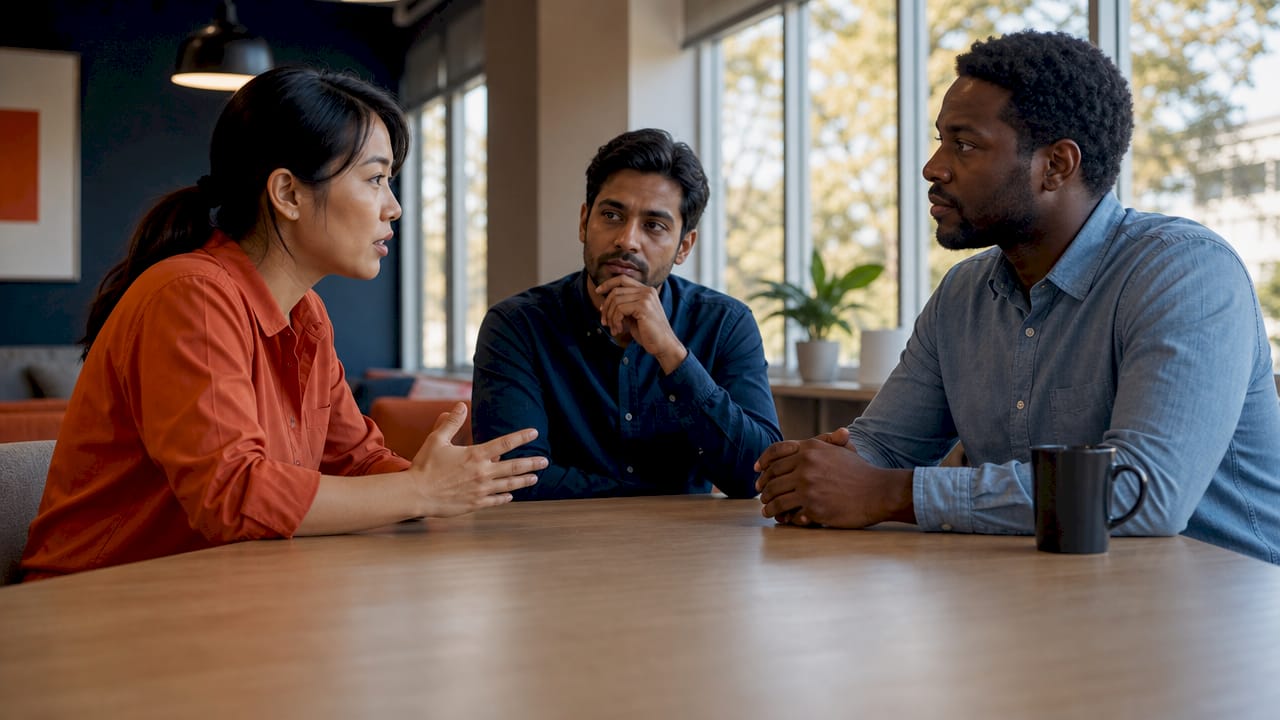 What Is Peer Conflict at Work? A Guide for HR Leaders Team discussing workplace peer conflict effects