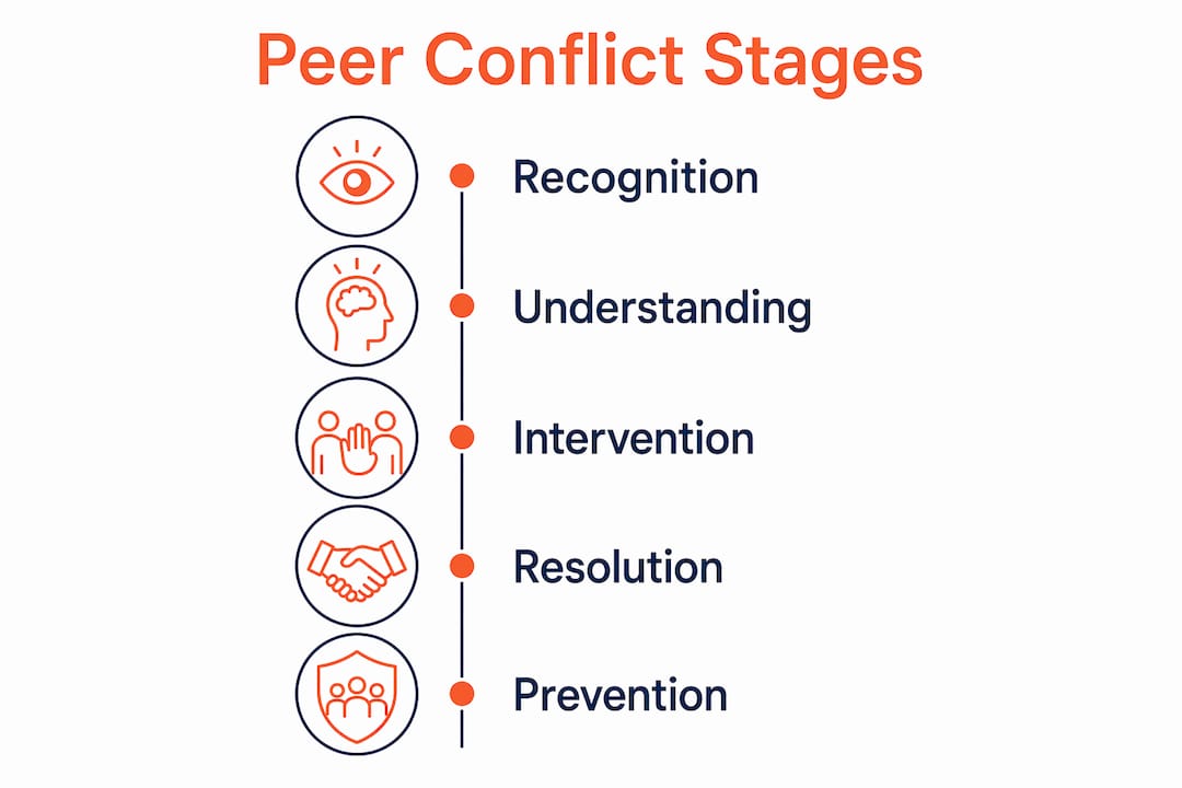 What Is Peer Conflict at Work? A Guide for HR Leaders Infographic illustrating stages of peer conflict resolution