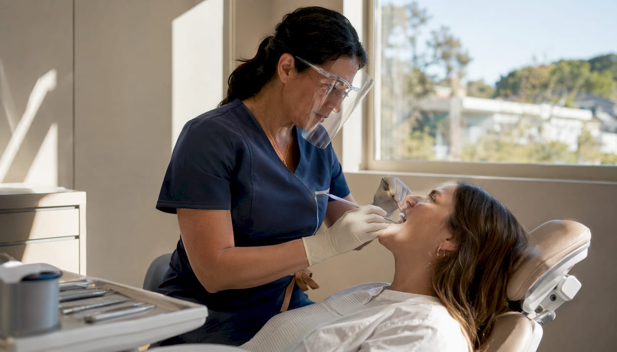 Dentist examining dental implant with probe