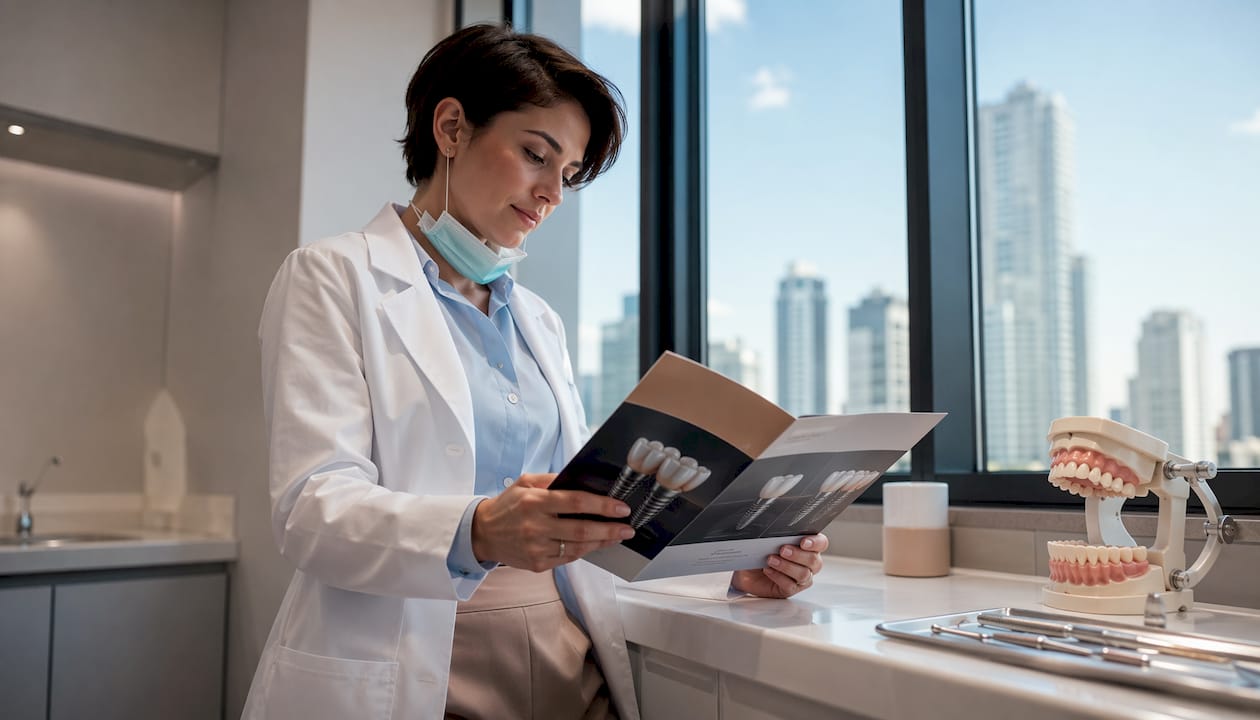 Dental professional reviewing implant brochures