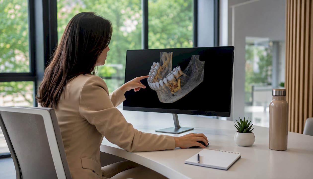 Hands interacting with CBCT scan on computer