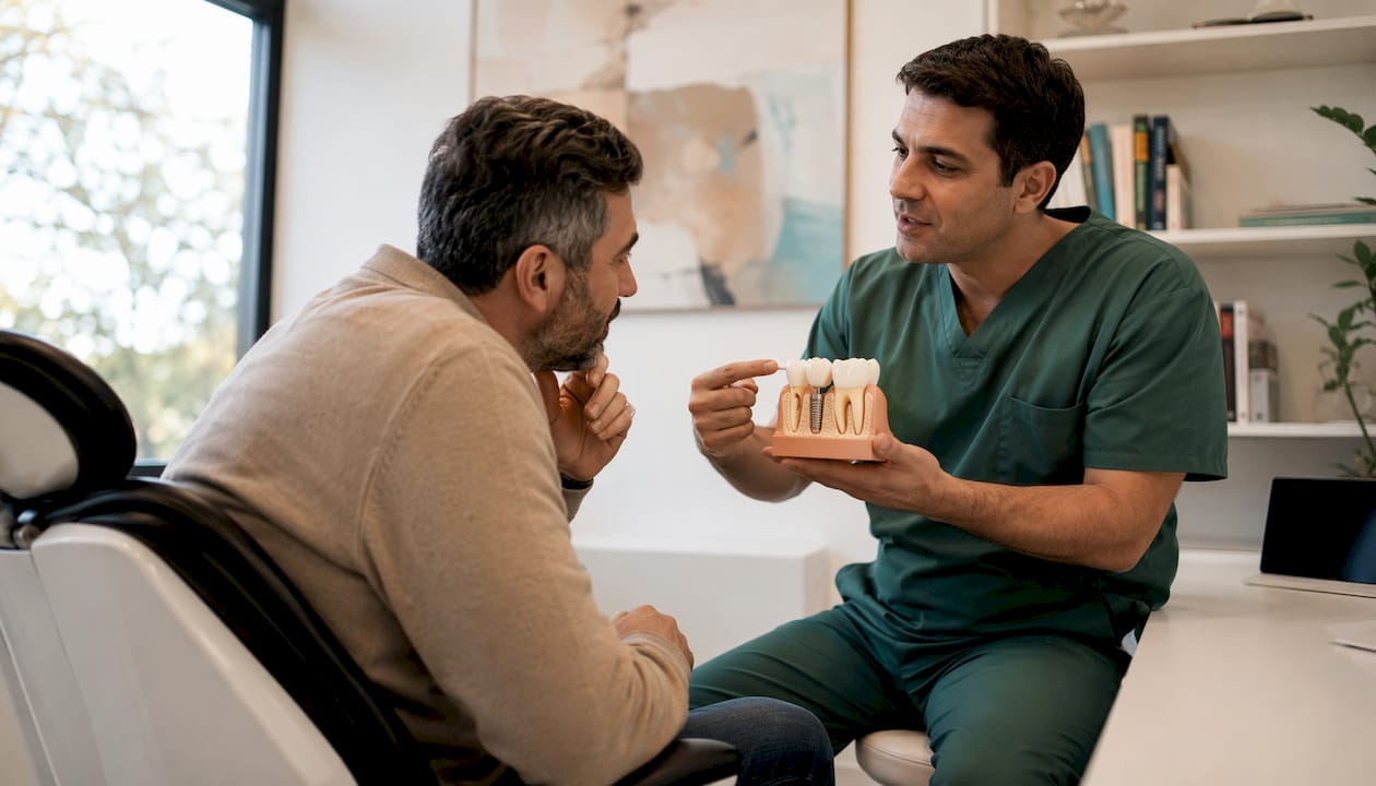 Dentist showing implant placement to patient