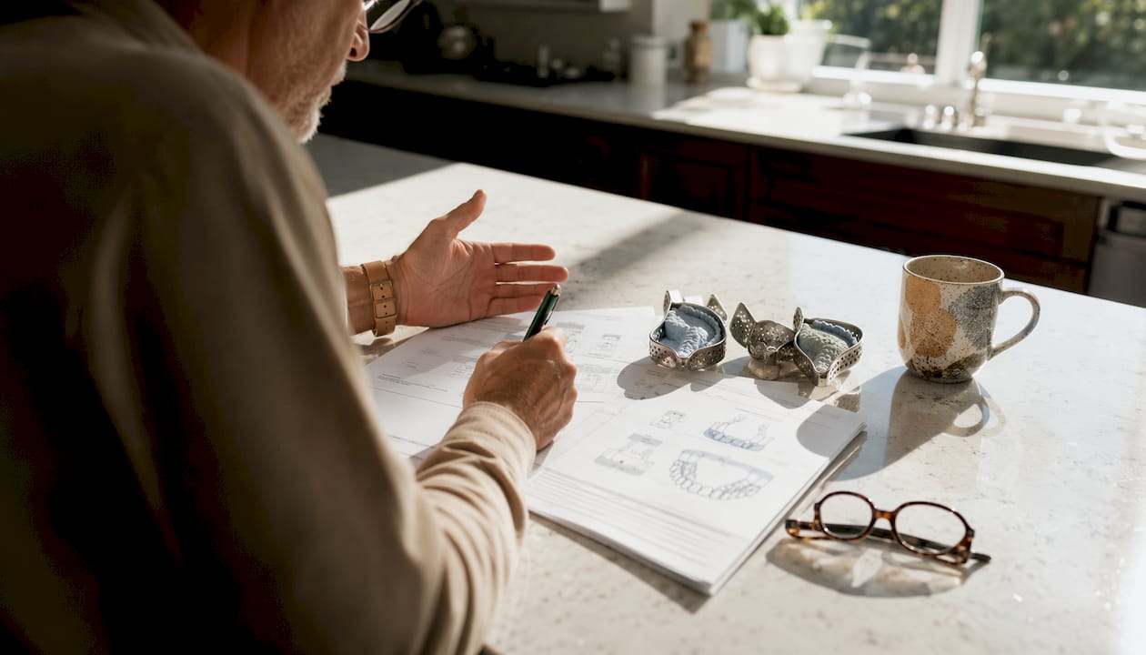 Hands reviewing dental crown repair documents