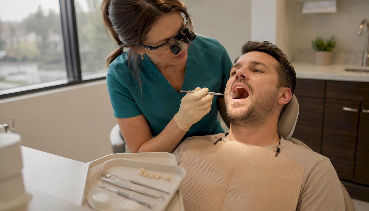Dentist examining patient with broken crown