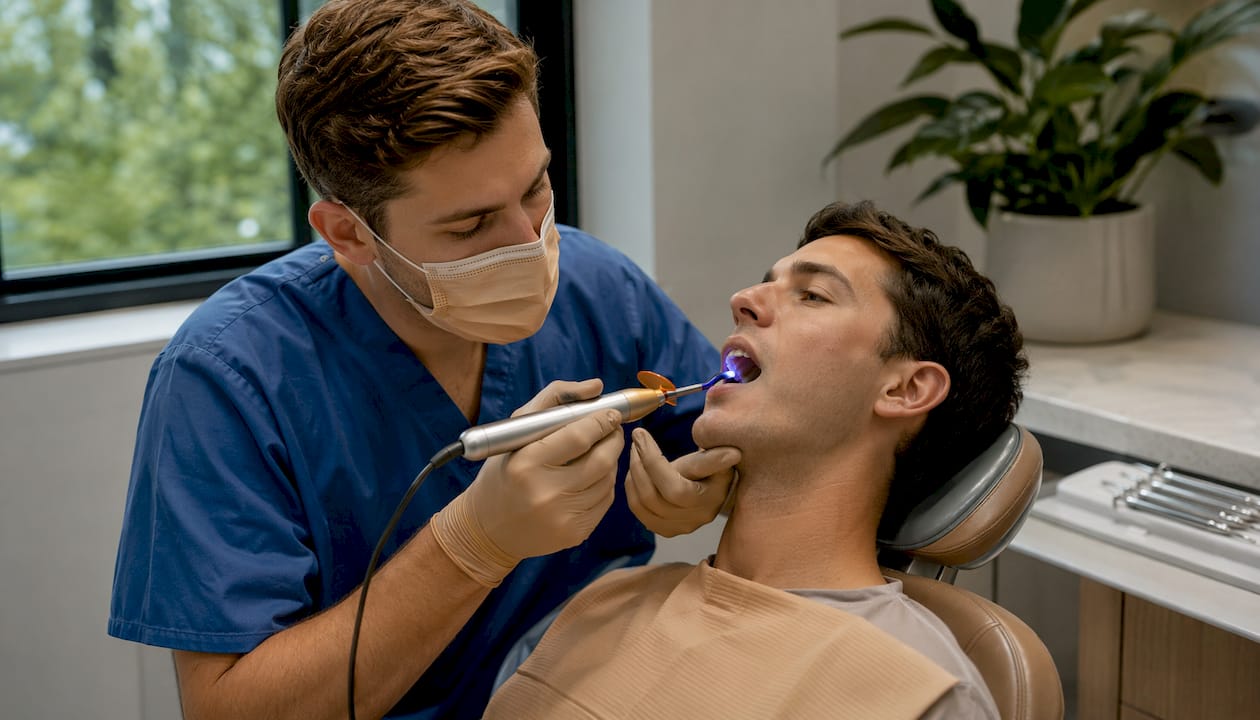 Dental team preparing crown repair procedure
