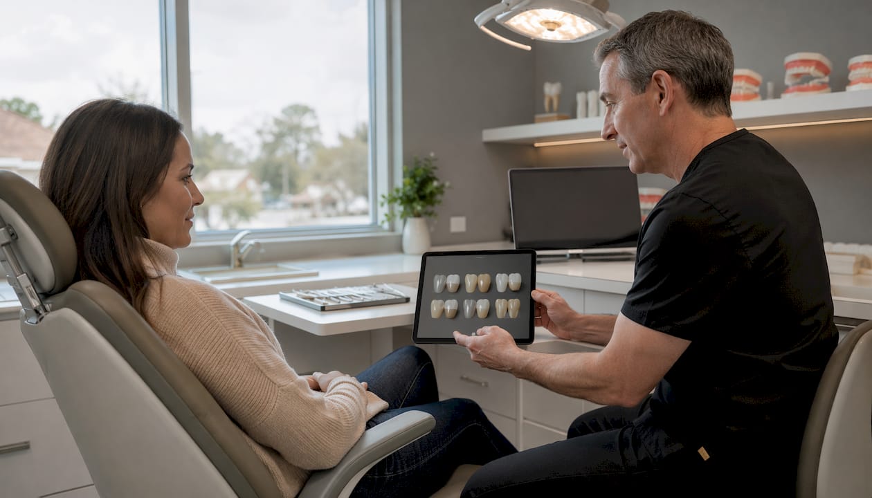 Dentist explaining CEREC crowns to patient