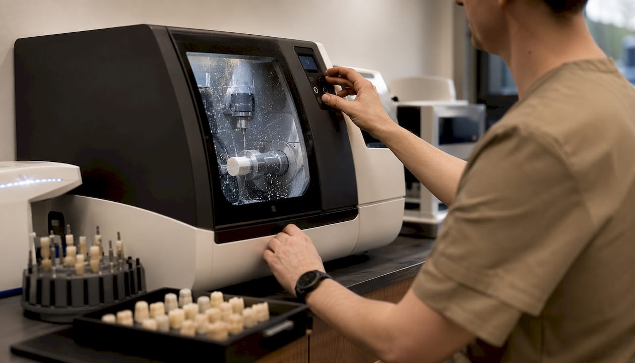 Hands operating CEREC crown milling machine