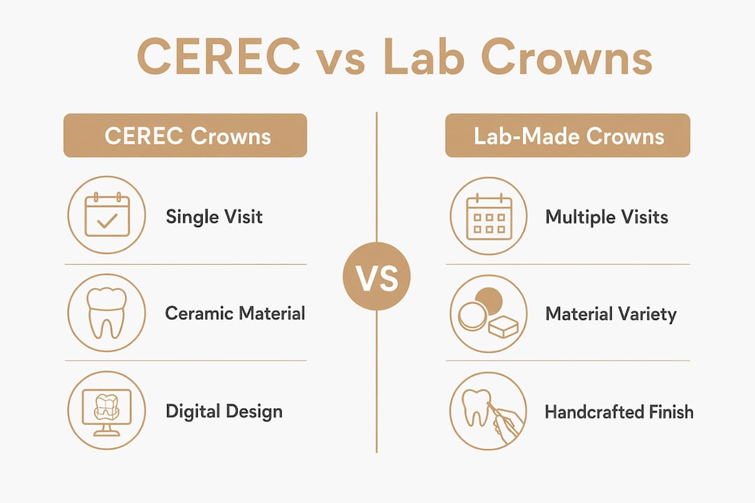 Comparison infographic of CEREC and lab crowns