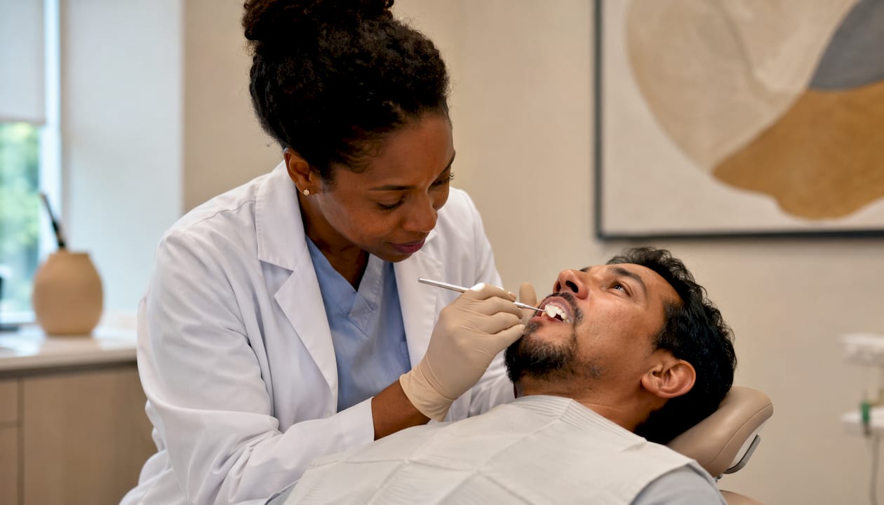 Dentist inspecting swollen gums on patient