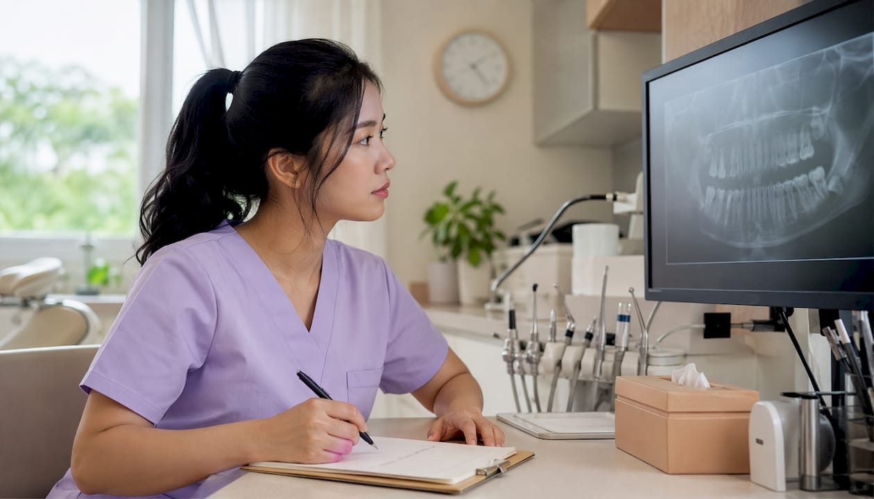 Dental hygienist reviewing dental X-ray