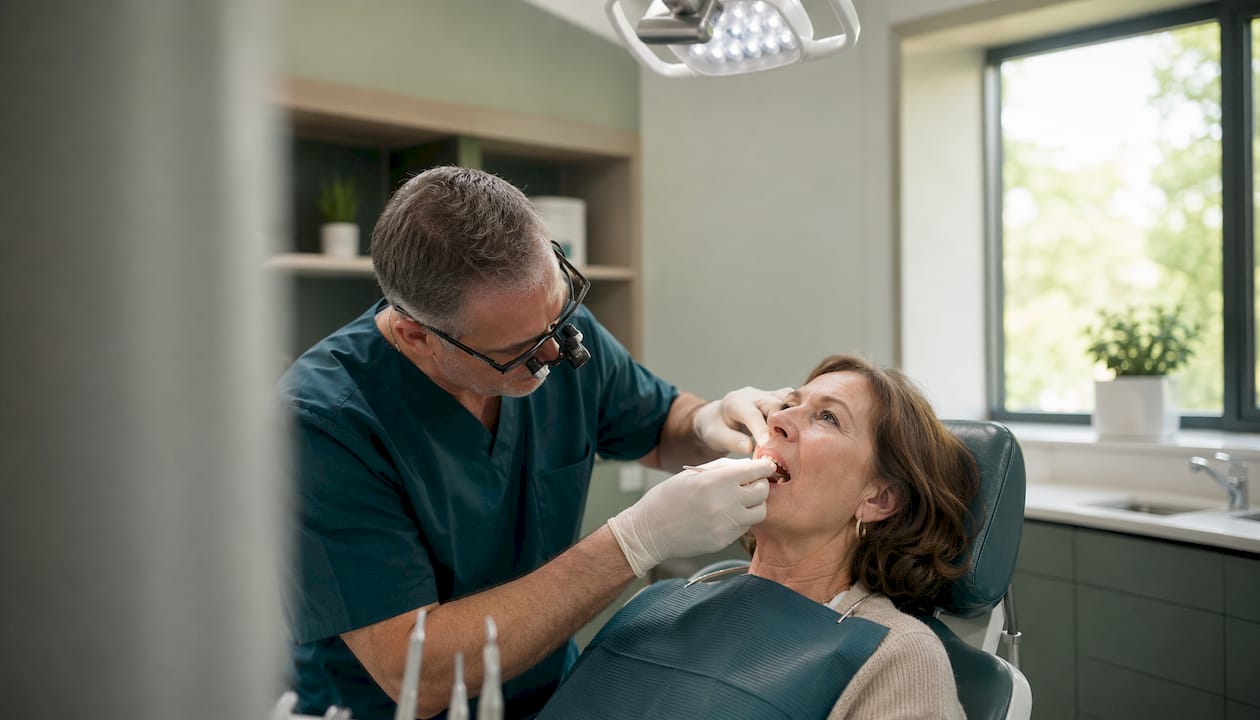 Dentist fitting final dental crown