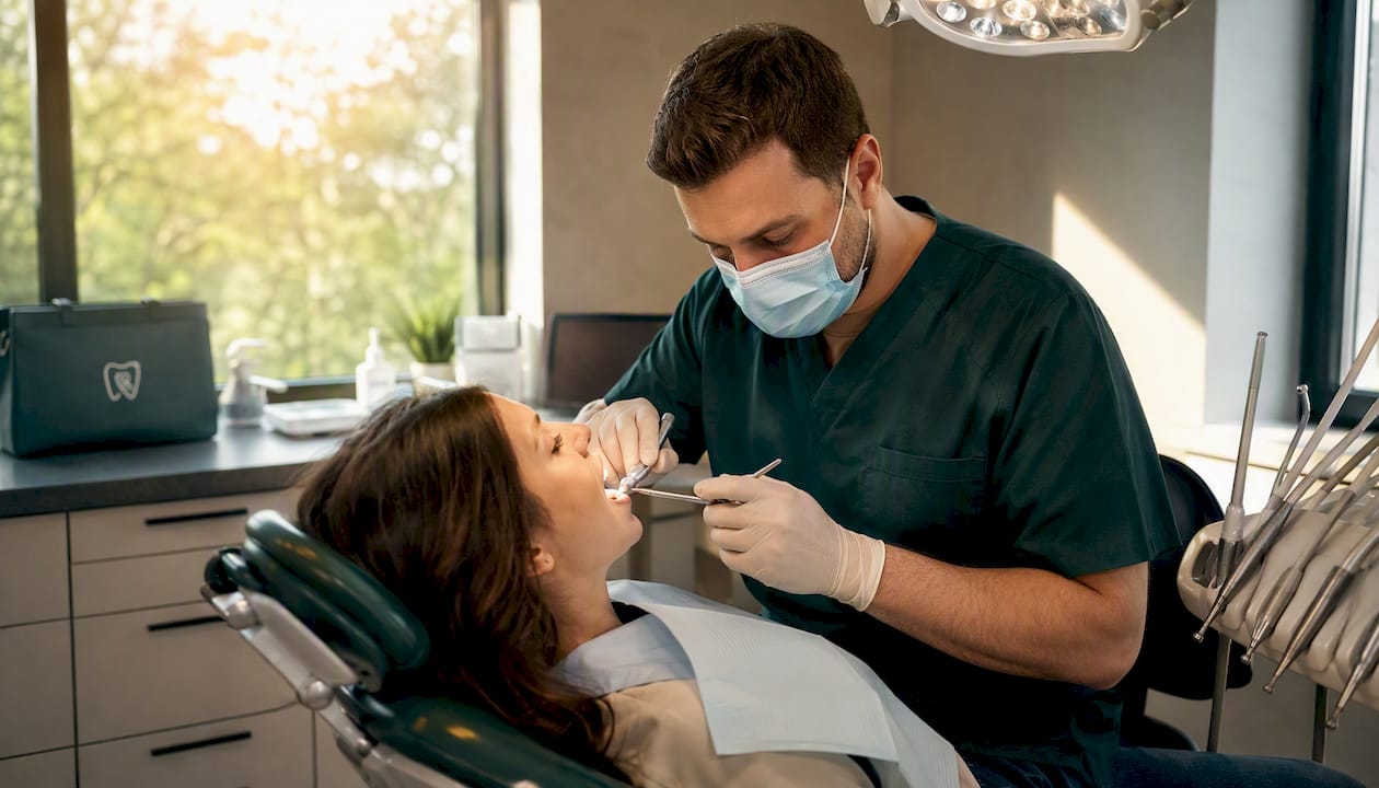 Dentist preparing tooth for crown