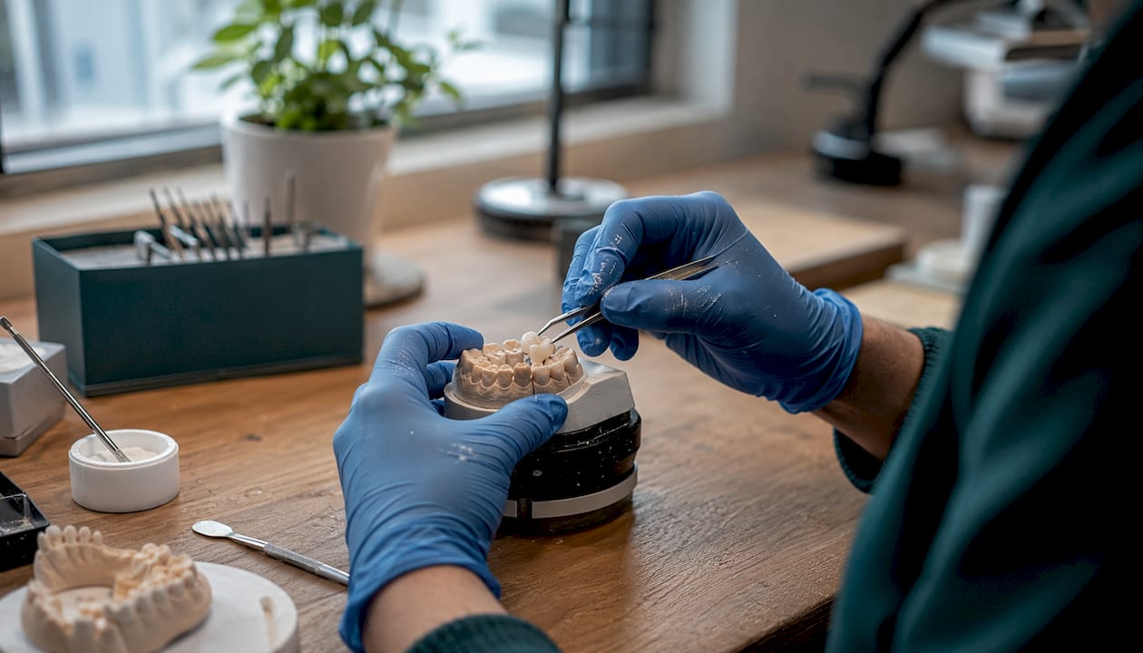 Hands fitting ceramic onlay on tooth mold