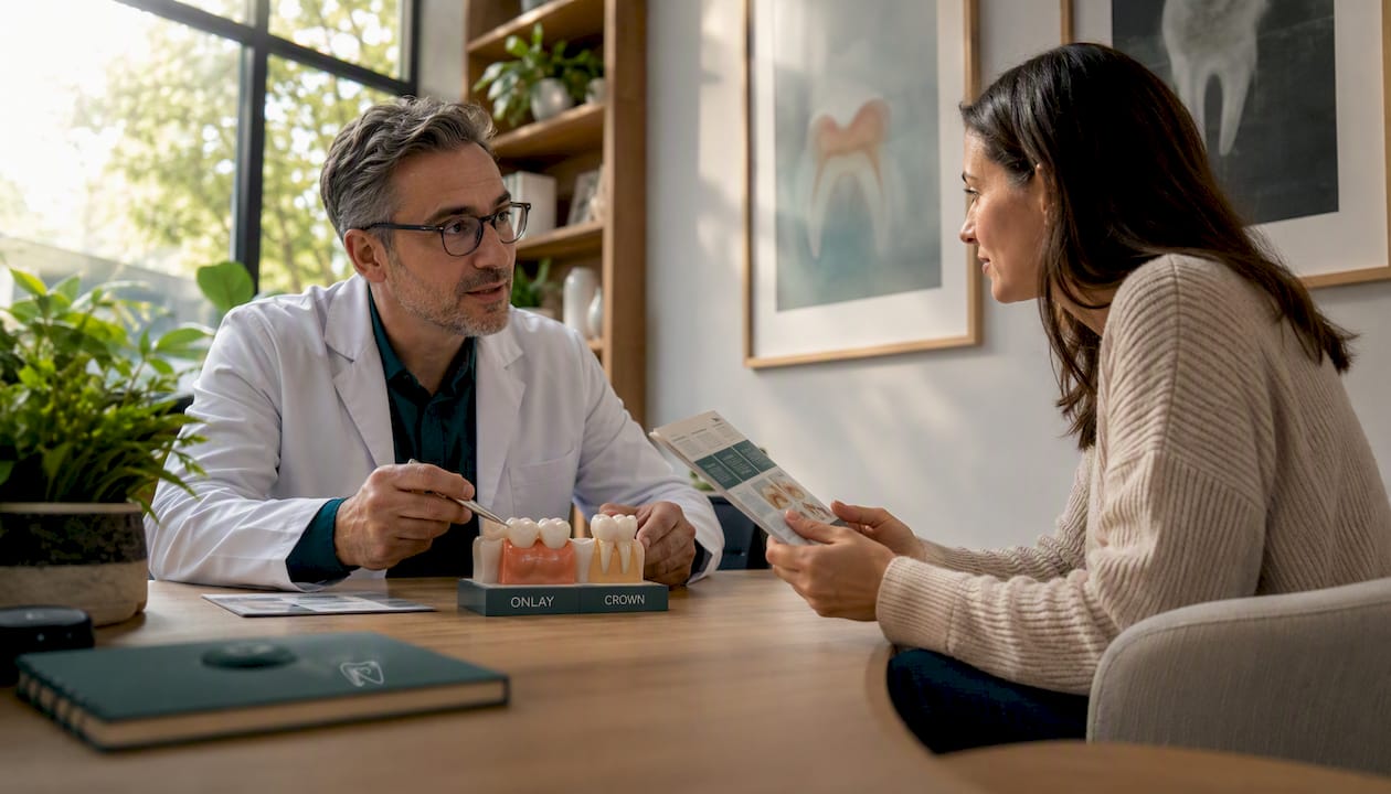 Dentist explaining onlay vs crown to patient