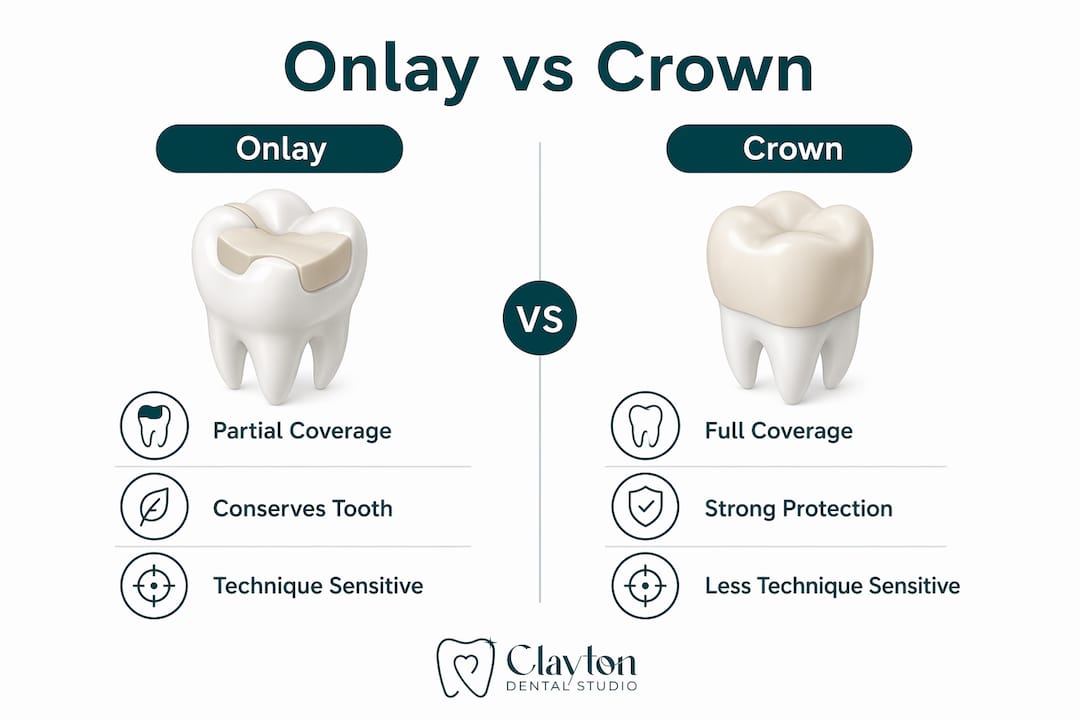 Infographic comparing onlay and crown features